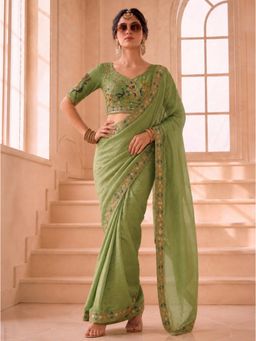 VAIRAGEE - Women Green Embellished/Sequined Satin Saree with Unstitched Blouse