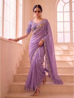 VAIRAGEE - Women Lavender Embellished/Sequined Satin Saree with Unstitched Blouse