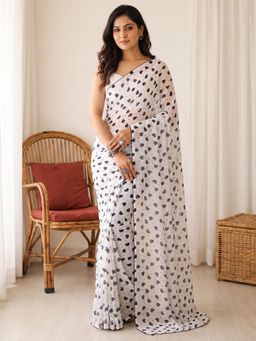 Sareemall - Women White Printed Georgette Saree with Unstitched Blouse