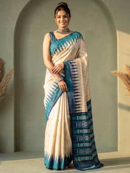 Sareemall - Women Beige Printed Silk Saree with Unstitched Blouse