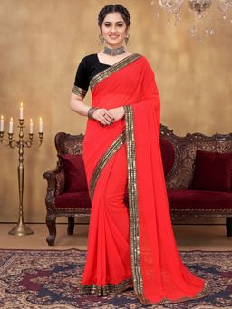 Sareemall - Women Red Solid/Plain Georgette Saree with Unstitched Blouse