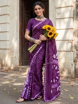 Sareemall - Women Purple Printed Crepe Saree with Unstitched Blouse
