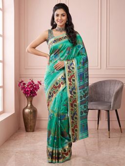Sareemall - Women Teal Woven Silk Blend Saree with Unstitched Blouse