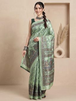 Sareemall - Women Aqua Floral Tussar Silk Saree with Unstitched Blouse