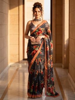 Sareemall - Women Charcoal Floral Organza Saree with Unstitched Blouse