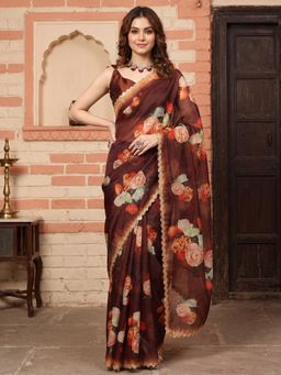 Sareemall - Women Brown Floral Organza Saree with Unstitched Blouse