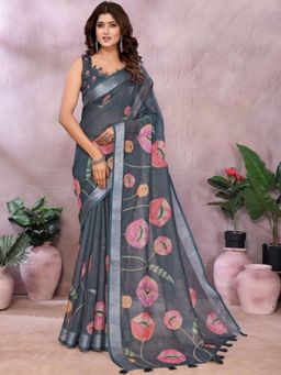 Odette - Women Grey Floral Linen Blend Saree with Unstitched Blouse