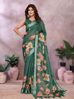 Odette - Women Olive Floral Linen Blend Saree with Unstitched Blouse