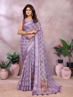 Odette - Women Lavender Floral Linen Blend Saree with Unstitched Blouse