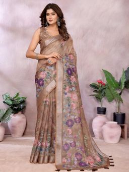 Odette - Women Brown Floral Linen Blend Saree with Unstitched Blouse
