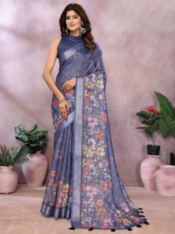 Odette - Women Grey Floral Linen Blend Saree with Unstitched Blouse