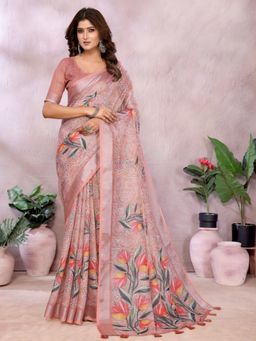 Odette - Women Pink Floral Linen Blend Saree with Unstitched Blouse