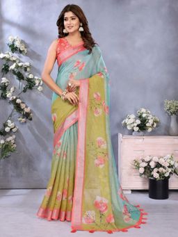 Odette - Women Green Floral Linen Blend Saree with Unstitched Blouse