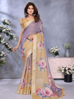 Odette - Women Lavender Floral Linen Blend Saree with Unstitched Blouse