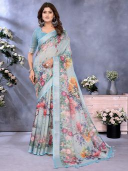 Odette - Women Blue Floral Linen Blend Saree with Unstitched Blouse