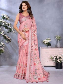 Odette - Women Pink Floral Linen Blend Saree with Unstitched Blouse