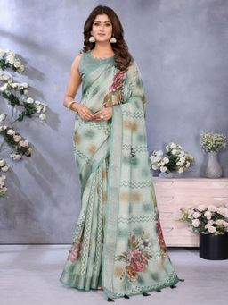 Odette - Women Green Floral Linen Blend Saree with Unstitched Blouse