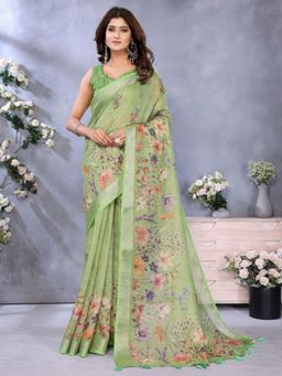 Odette - Women Green Floral Linen Blend Saree with Unstitched Blouse
