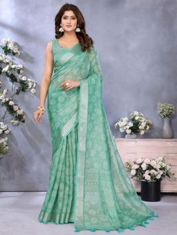 Odette - Women Green Floral Linen Blend Saree with Unstitched Blouse