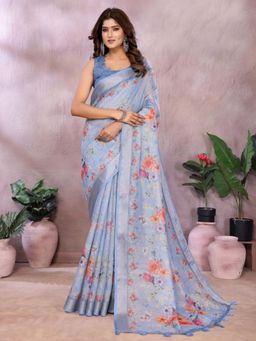 Odette - Women Blue Floral Linen Blend Saree with Unstitched Blouse