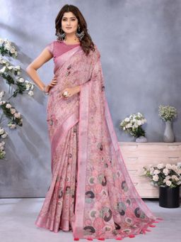 Odette - Women Pink Printed Linen Blend Saree with Unstitched Blouse