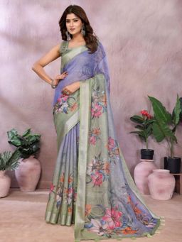 Odette - Women Purple Floral Linen Blend Saree with Unstitched Blouse