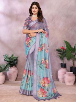 Odette - Women Grey Floral Linen Blend Saree with Unstitched Blouse