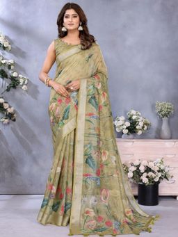 Odette - Women Olive Floral Linen Blend Saree with Unstitched Blouse