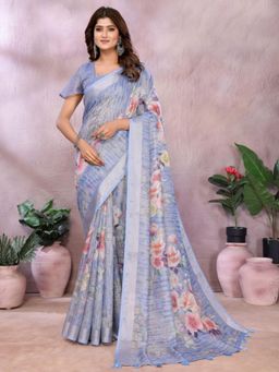 Odette - Women Blue Floral Linen Blend Saree with Unstitched Blouse