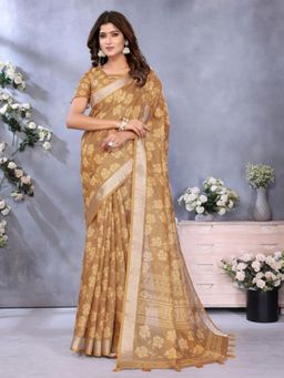 Odette - Women Brown Floral Linen Blend Saree with Unstitched Blouse