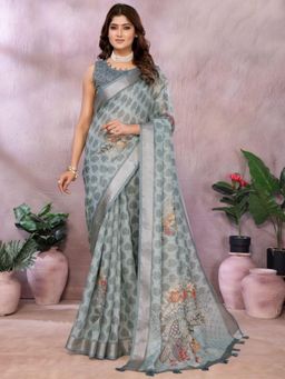 Odette - Women Grey Floral Linen Blend Saree with Unstitched Blouse
