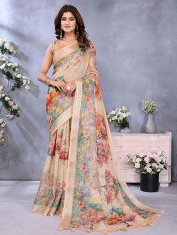 Odette - Women Beige Floral Linen Blend Saree with Unstitched Blouse