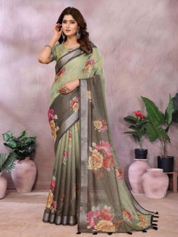 Odette - Women Green Floral Linen Blend Saree with Unstitched Blouse