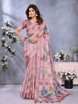 Odette - Women Pink Floral Linen Blend Saree with Unstitched Blouse