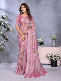 Odette - Women Pink Floral Linen Blend Saree with Unstitched Blouse
