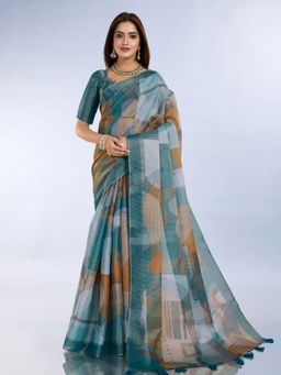 Odette - Women Blue Printed Cotton Blend Saree with Unstitched Blouse
