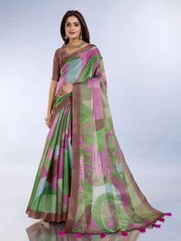Odette - Women Multi-Color Printed Cotton Blend Saree with Unstitched Blouse