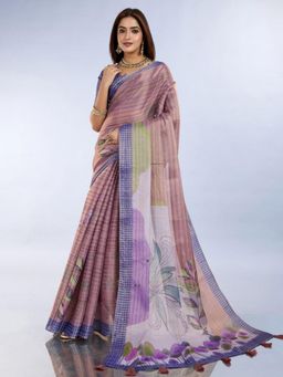 Odette - Women Mauve Floral Cotton Blend Saree with Unstitched Blouse