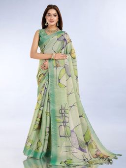 Odette - Women Green Printed Cotton Blend Saree with Unstitched Blouse