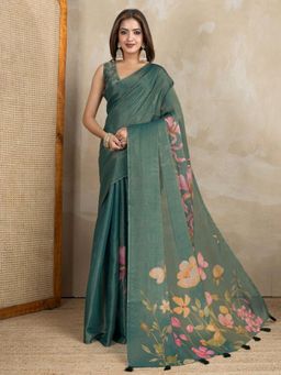 Odette - Women Green Floral Cotton Blend Saree with Unstitched Blouse
