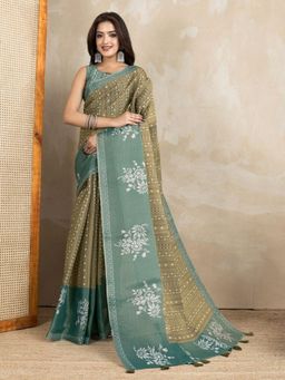 Odette - Women Olive Floral Cotton Blend Saree with Unstitched Blouse
