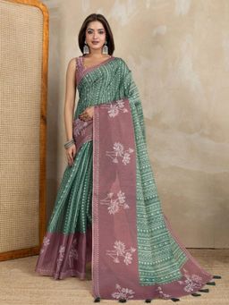Odette - Women Green Floral Cotton Blend Saree with Unstitched Blouse