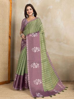 Odette - Women Olive Floral Cotton Blend Saree with Unstitched Blouse