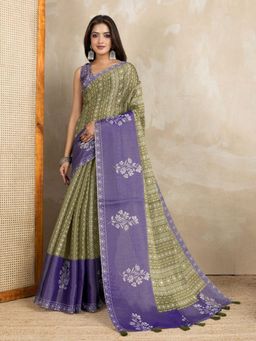 Odette - Women Olive Floral Cotton Blend Saree with Unstitched Blouse