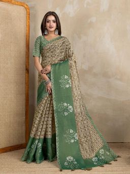 Odette - Women Beige Floral Cotton Blend Saree with Unstitched Blouse