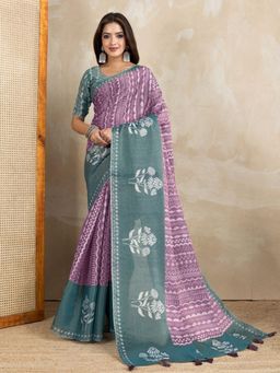 Odette - Women Purple Floral Cotton Blend Saree with Unstitched Blouse