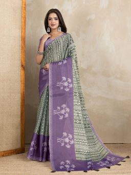 Odette - Women Purple Floral Cotton Blend Saree with Unstitched Blouse