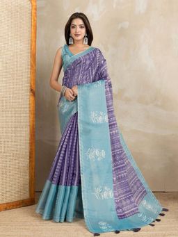 Odette - Women Purple Floral Cotton Blend Saree with Unstitched Blouse