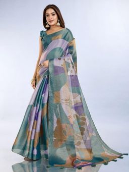 Odette - Women Multi-Color Printed Cotton Blend Saree with Unstitched Blouse