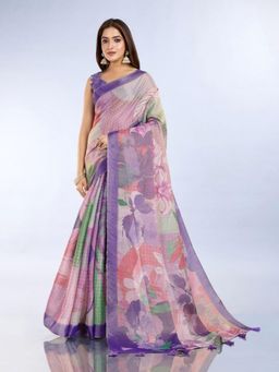 Odette - Women Multi-Color Floral Cotton Blend Saree with Unstitched Blouse